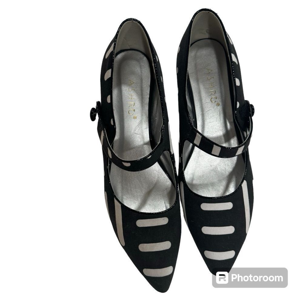 NEW ASHRO Black White Linen Retro Funky Look Mary Jane Heel Shoes Size 12